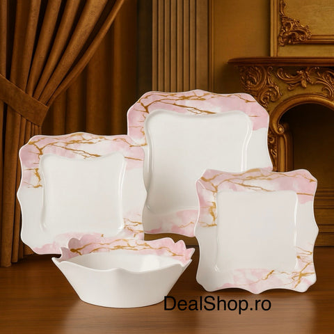 Serviciu de masa Lacy Pink 19 Piese opal Termorezistent Farfurii Pătrate pentru 6 Persoane