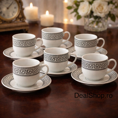 Set 6 cești cafea din porțelan Imperial 180 ml cu farfurii, design elegant