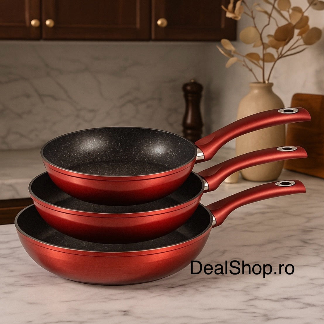 Set 3 Tigai cu invelis din marmura Royalty Line Red– Diametru 20 cm 24 cm și 28 cm Antiaderente pentru Gatit Sănatos și Uniform