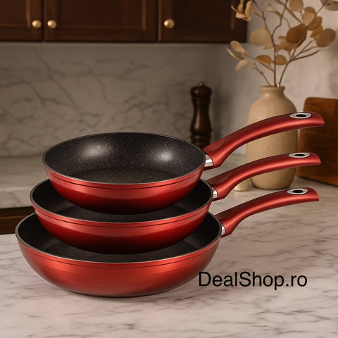 Set 3 Tigai cu invelis din marmura Royalty Line Red– Diametru 20 cm 24 cm și 28 cm Antiaderente pentru Gatit Sănatos și Uniform