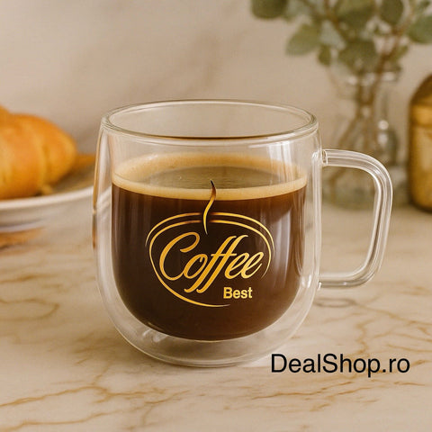 Set 6 cești din sticla termorezinstentă cu pereți dubli 250 ml – Model Coffee Best Design elegant și rezistent la temperatura 3X-0417