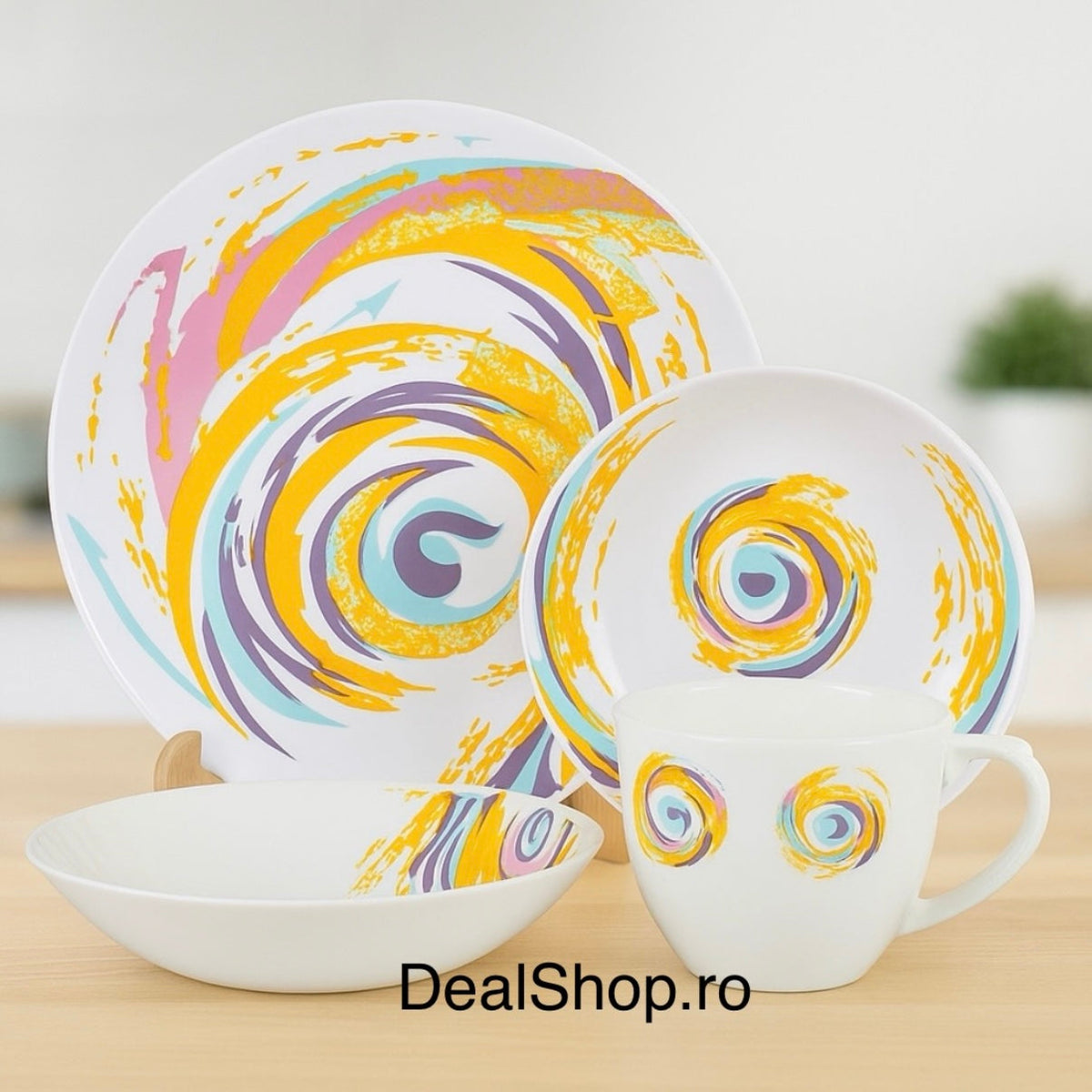 Serviciu de masa opal Spiral, 24 piese farfurii și cesti cu design modern colorat