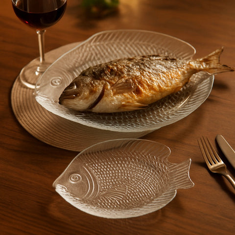 Set 1 platou si 6 farfurii, forma peste, Pasabahce Marine, sticla 97159