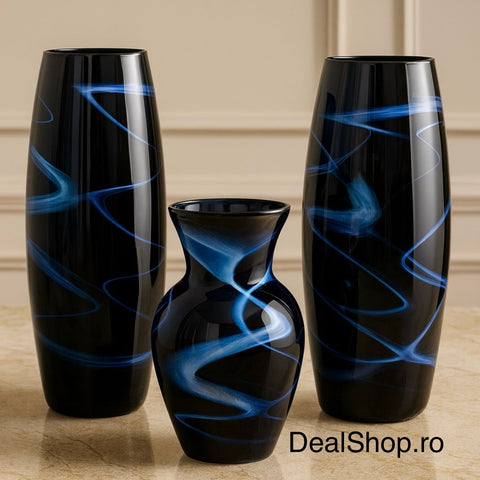Set 3 vaze decorative din sticla – Model Negru cu Accente Albastre Design Modern pentru Flori și Decor Interior