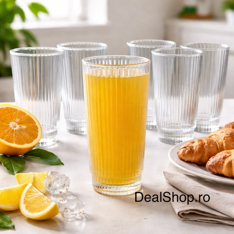 Set 6 pahare sticlă Lorita 240 ml model striat sticlă groasa transparentă pahare highball pentru apă suc cocktail