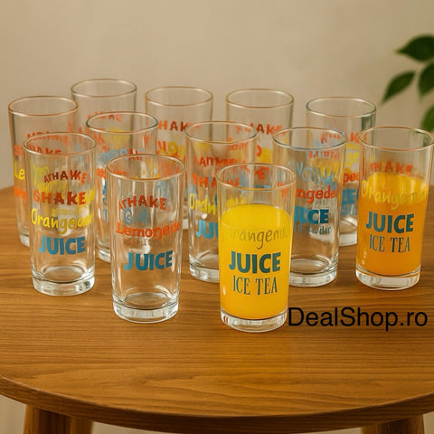 Set 12 pahare din sticla 270 ml  design colorat pentru băuturi răcoritoare