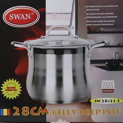 Oala inox 14 litri fund triplu capac din sticla, Swan-Belly 28 x 22 cm
