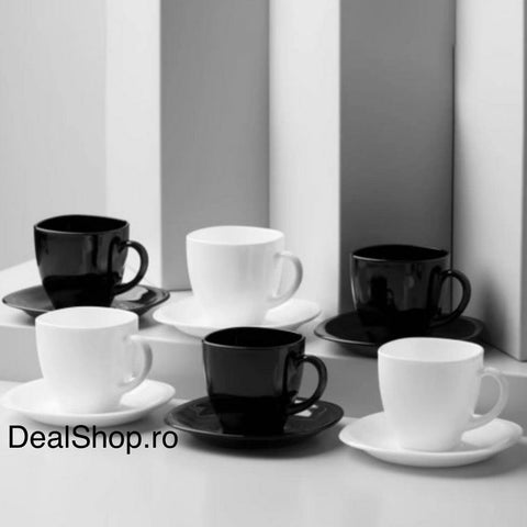 Set complet serviciu de masa și cafea din opal termorezistent 31 piese alb & negru