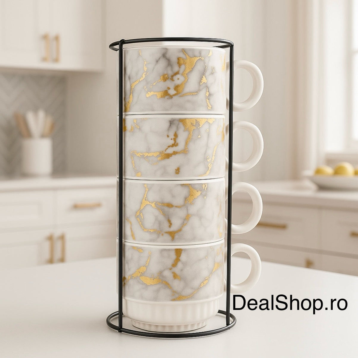 Set 4 cești cafea din ceramică 250 ml cu suport metalic design elegant marmorat cu auriu