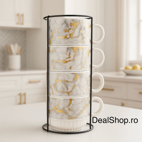 Set 4 cești cafea din ceramică 250 ml cu suport metalic design elegant marmorat cu auriu