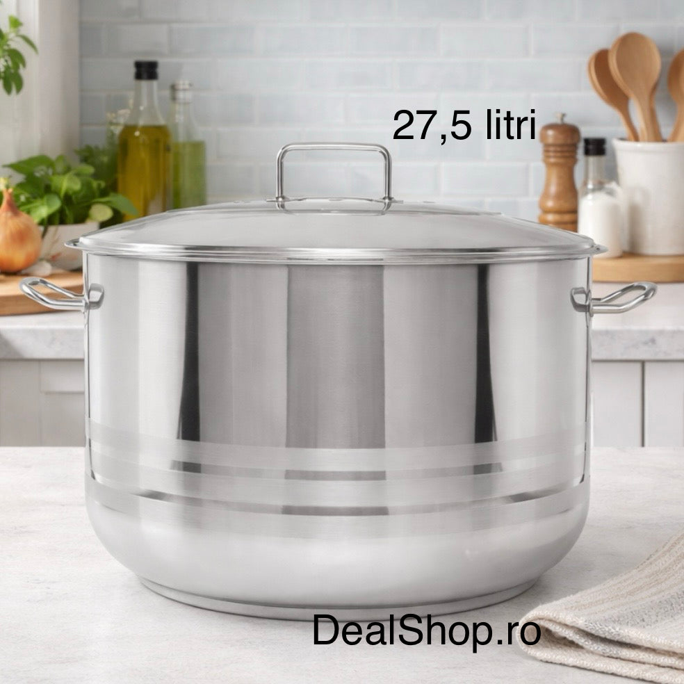 Oala inox profesionala cu capac Gastro, fund dublu 27,5 litri, 40 x 26 cm
