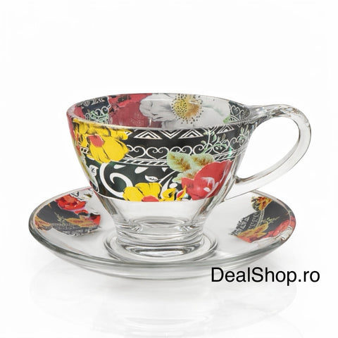 Set 6 cești din sticlă Galaxy 200 ml cu farfurioare – Decor Floral Elegant, Pentru Cafea sau Ceai