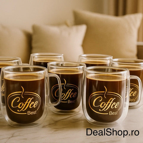 Set 6 cești din sticla termorezinstentă cu pereți dubli 250 ml – Model Coffee Best Design elegant și rezistent la temperatura 3X-0417
