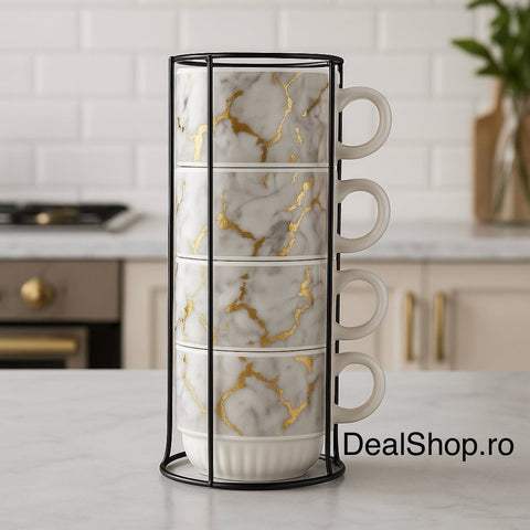Set 4 cești cafea din ceramică 250 ml cu suport metalic design elegant marmorat cu auriu