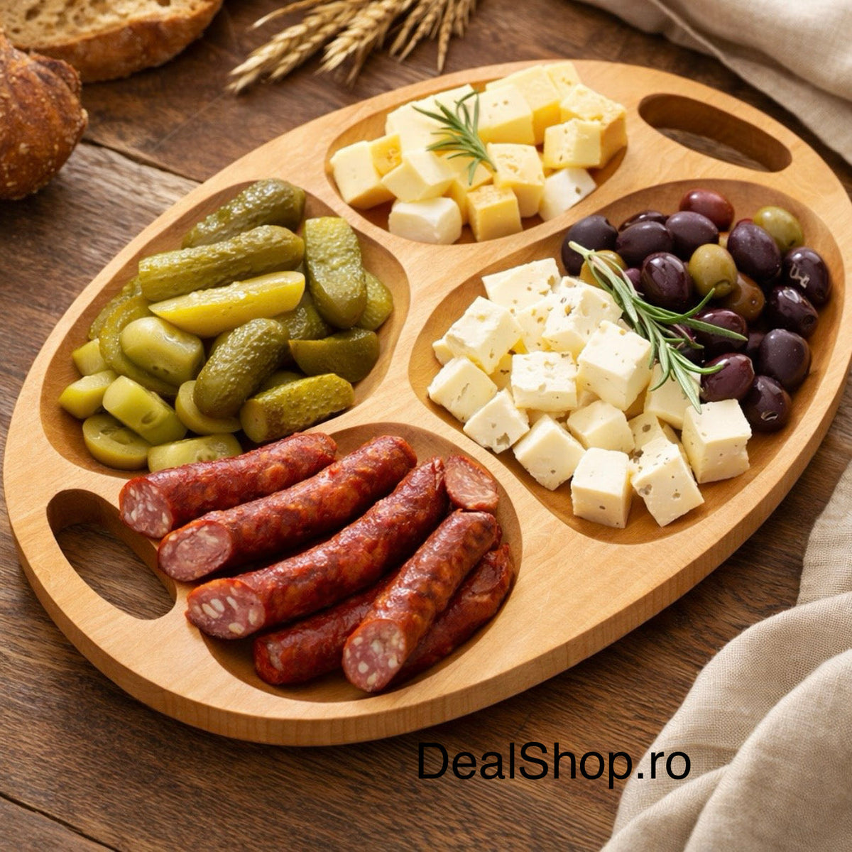 Platou servire din lemn compartimentat 4 secțiuni cu mânere 42x29 cm tavă aperitive brânzeturi mezeluri gustări 2719