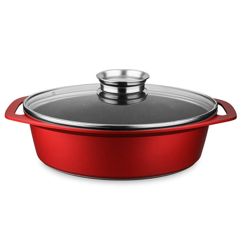 Tavă 5.5 Litri ovala cu capac Swan 33 cm invelis marmură  Roșu – Ideală pentru Cuptor