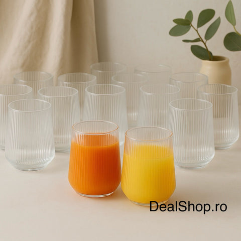 Set 12 Pahare Sticla Transparentă cu Striații 250 ml Hawai – Design Modern și Elegant