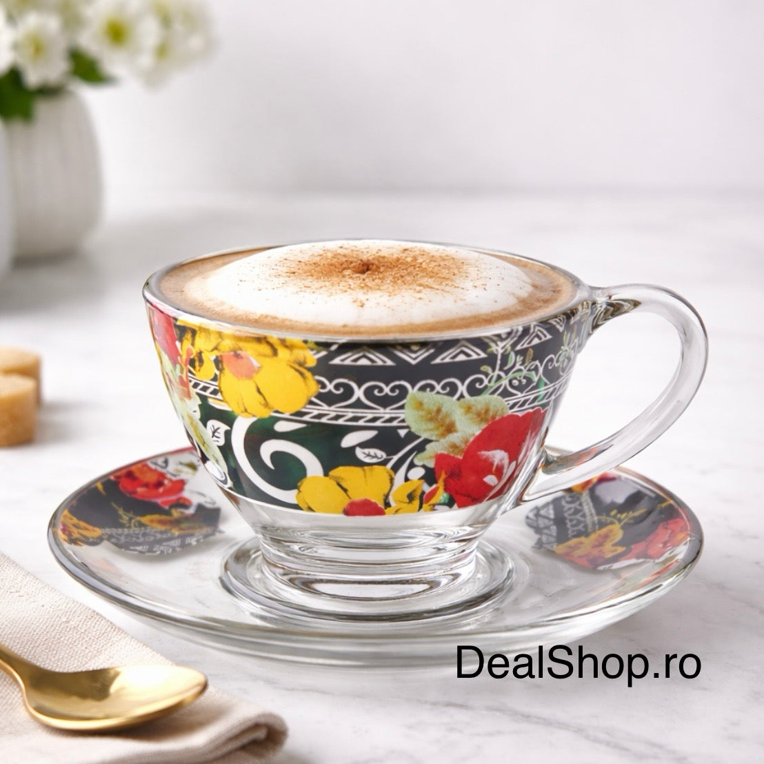 Set 6 cești din sticlă Galaxy 200 ml cu farfurioare – Decor Floral Elegant, Pentru Cafea sau Ceai