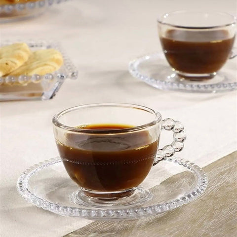 Set 6 cești 200 ml+6 farfurii sticlă design margini perlate Mansoura