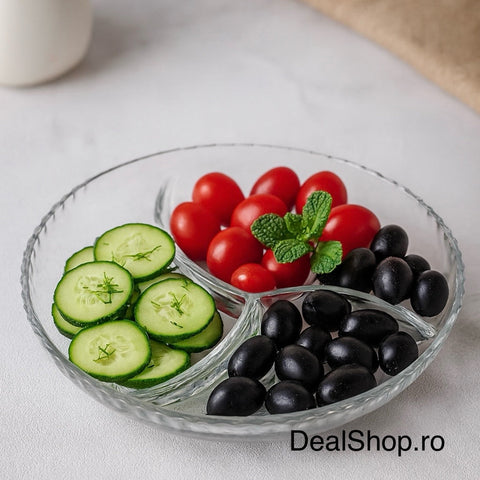 Platou aperitiv sticla rezistenta, rotund compartimentat, 22 cm