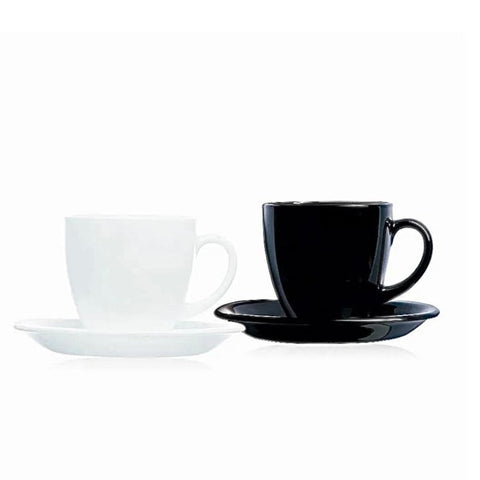 Set 6 Cești Cafea cu Farfurii Opal Termorezistent 245 ml – 3 Albe + 3 Negre, Eleganță Modernă pentru Cafeaua Ta