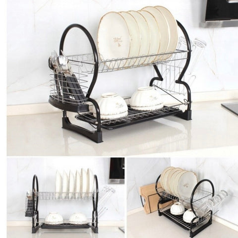Uscator de vase cu suport pahare si tacamuri, din otel, pe 2 nivele, cu tava de scurgere, 40,5x24x38cm, negru