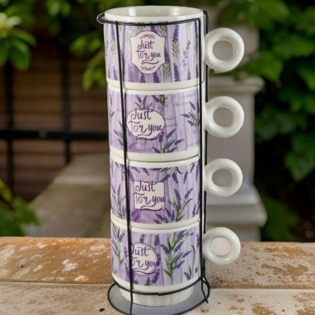 Set 4 cești din ceramica cu suport metalic Lavender 250 ml