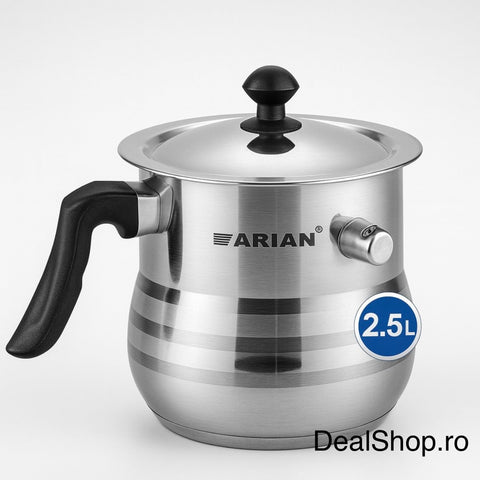 Oala de lapte cu fluier Arian 2.5 litri din inox – pereti dubli capac inox potrivita pentru toate tipurile de plite