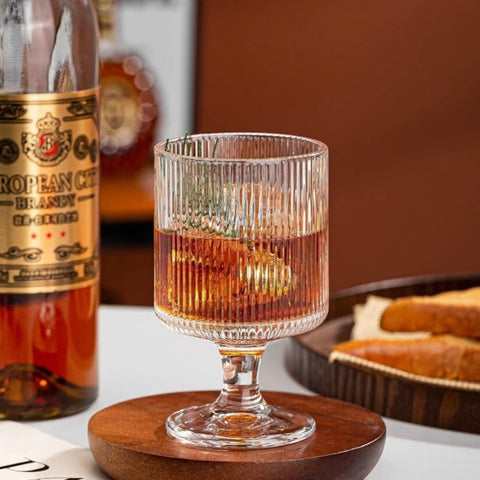 Set 6 Pahare Julia cu Picior Sticlă Transparentă 230 ml– Design Striat Elegant pt Suc Apa Cocktail