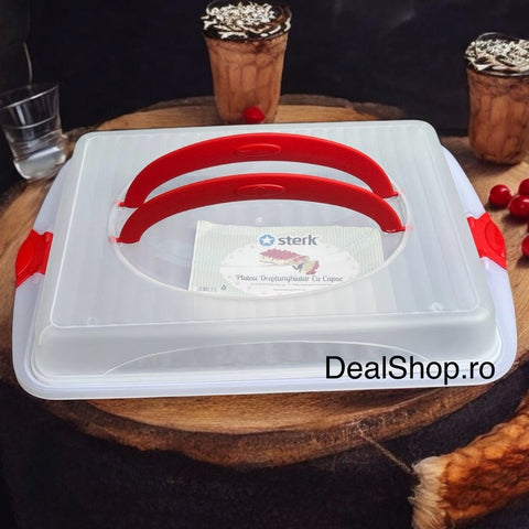 Suport tort prăjituri cu capac si maner dreptunghiular 45 x 30 x 10 cm