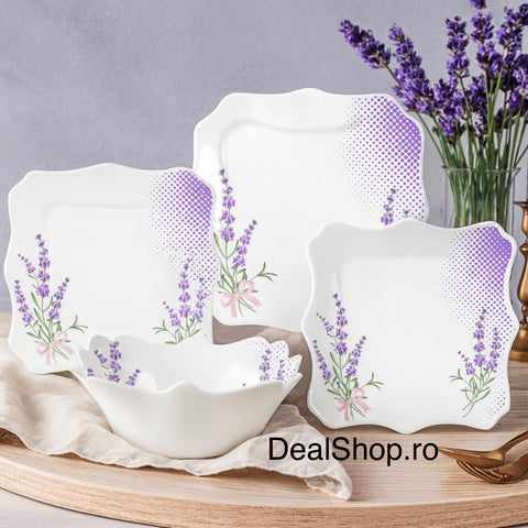 Serviciu de masă opal termorezistent Lacy Lavender 19 Piese Farfurii Patrate pt 6 Persoane