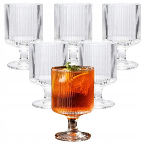 Set 6 Pahare Julia cu Picior Sticlă Transparentă 230 ml– Design Striat Elegant pt Suc Apa Cocktail
