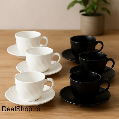 Set 6 Cesti Cafea Opal 190 ml cu Farfurioare – Model Ondulat Alb & Negru
