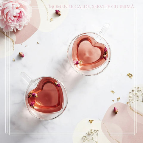 Set 12 cesti cafea pereti dubli Sticla termorezistenta Model inima 180 ml