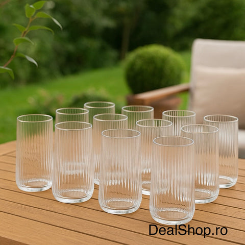 Set 12 pahare din sticla transparentă cu striatii 400 ml Design Modern și Elegant Hawai