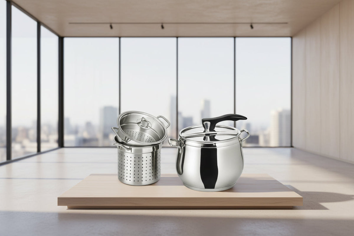 Oala sub presiune 5 în 1 din inox, 7 litri cu capac și coș aburi, Ø22cm compatibilă cu toate tipurile de căldură inclusiv inducție RS-5507