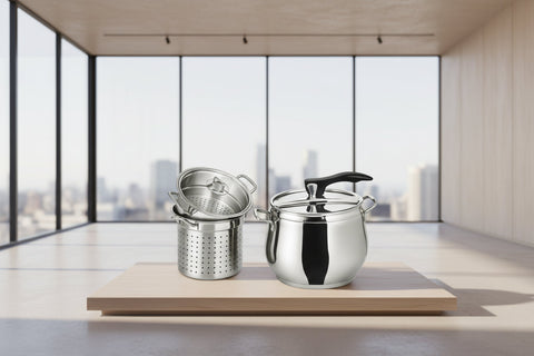 Oala sub presiune 5 în 1 din inox, 7 litri cu capac și coș aburi, Ø22cm compatibilă cu toate tipurile de căldură inclusiv inducție RS-5507