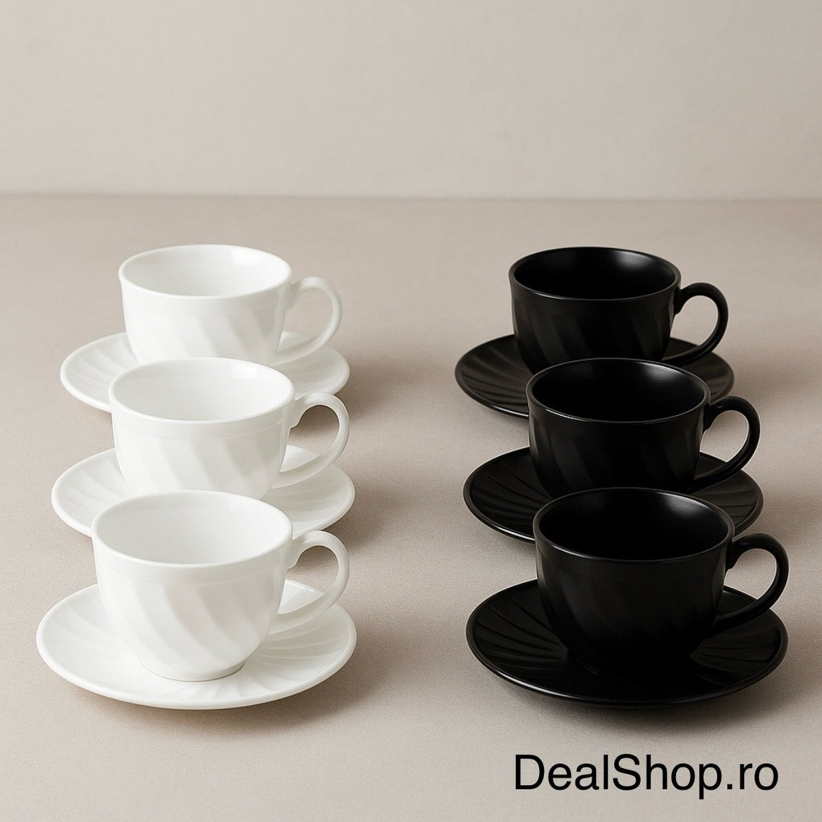 Set 6 Cesti Cafea Opal 190 ml cu Farfurioare – Model Ondulat Alb & Negru