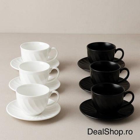 Set 6 Cesti Cafea Opal 190 ml cu Farfurioare – Model Ondulat Alb & Negru