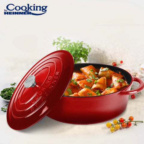 Cratita ovală fontă emailată 6L cu capac Cooking by Heinner Red Line – 33.5×26×12 cm vas profesional gătit la cuptor & plită