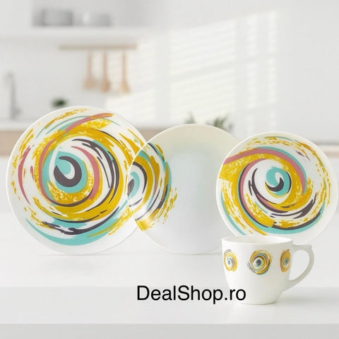Serviciu de masa opal Spiral, 24 piese farfurii și cesti cu design modern colorat