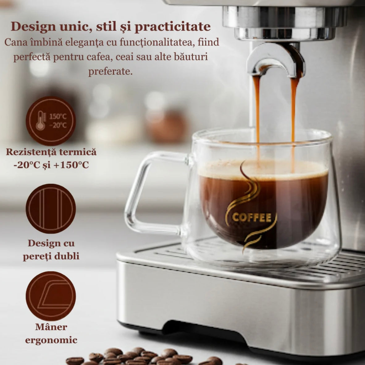 Set 12 cești de cafea cu pereti dubli sticla termorezistenta 200 ml mesaj COFFEE  Eleganta și Funcționalitate pentru Iubitorii de Cafea