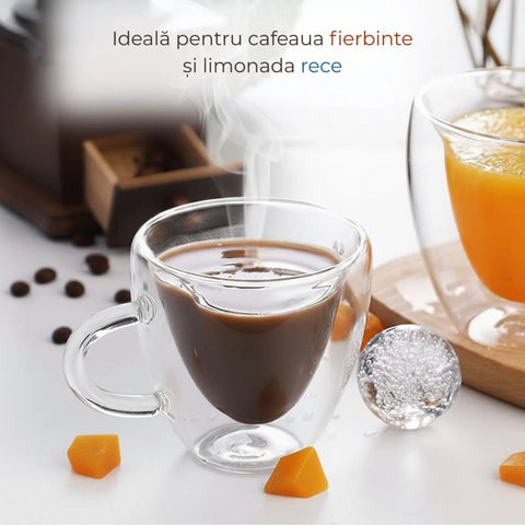 Set 12 cesti cafea pereti dubli Sticla termorezistenta Model inima 180 ml
