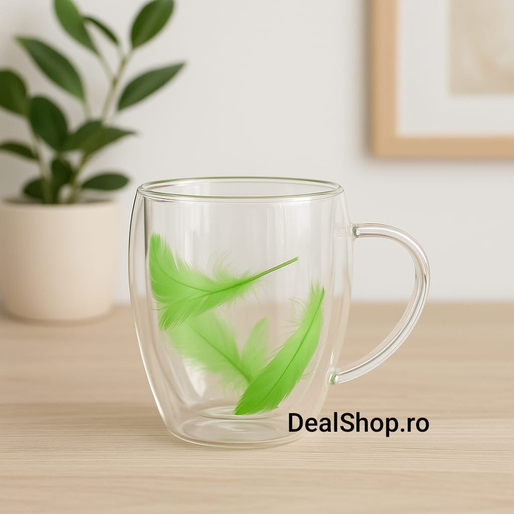 Set 6 Cești din sticla cu pereți dubli 350 ml model cu pene verzi Coffe capucino Frape