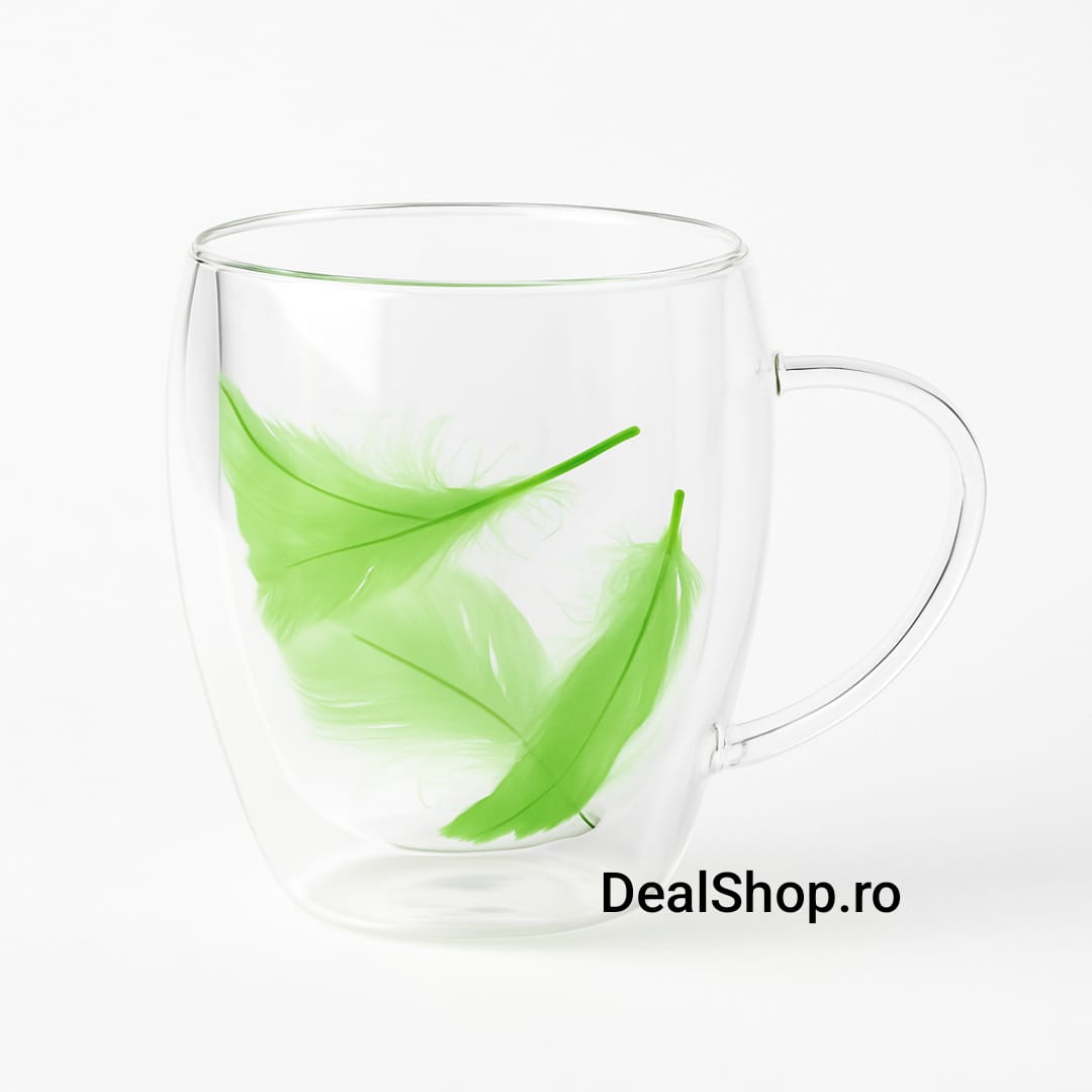 Set 12 Cești din Sticlă cu Pereți Dubli Design Elegant cu Pene Verzi 350 ml coffe