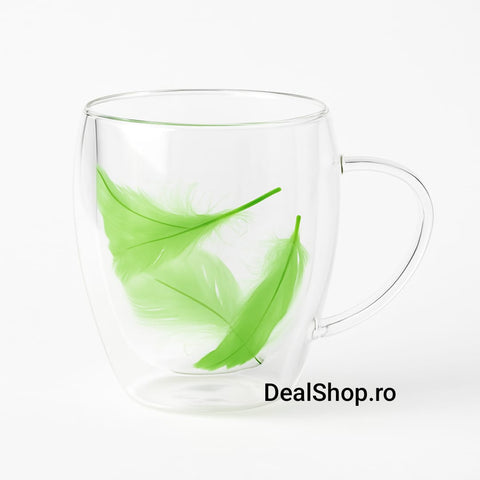 Set 6 Cești din sticla cu pereți dubli 350 ml model cu pene verzi Coffe capucino Frape
