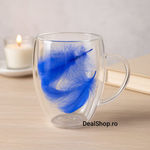Set 12 Cești din Sticlă cu Perete Dublu și Pene Albastre 350 ml Eleganță în Varianta Completă