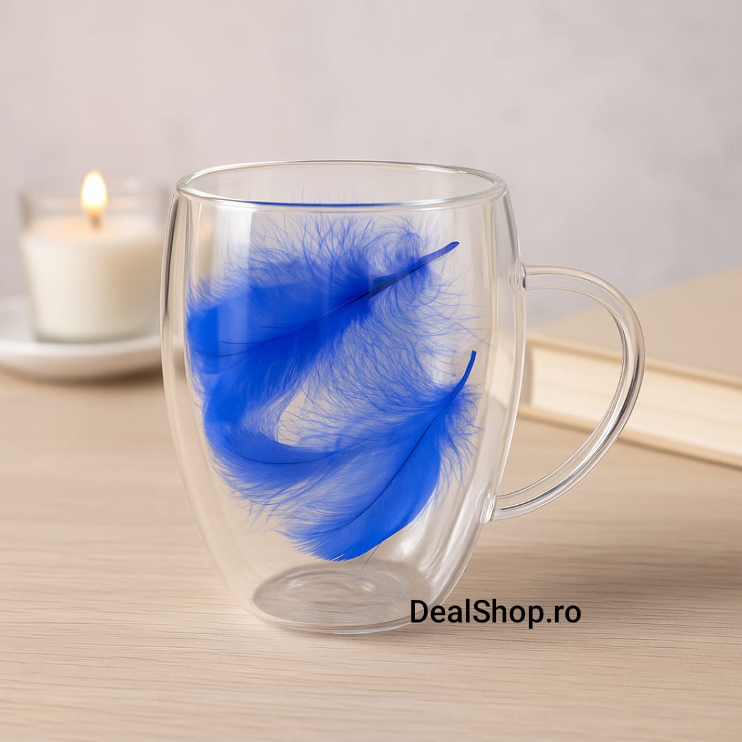 Set 6 Cești din Sticla cu Perete Dublu și Pene Albastre 350 ml– Rafinament în Fiecare Detaliu coffee Latte capuccino
