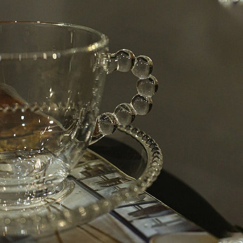 Set 6 cești 200 ml+6 farfurii sticlă design margini perlate Mansoura
