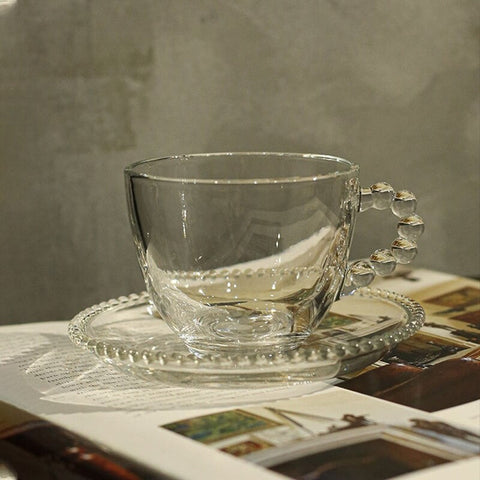 Set 6 cești 200 ml+6 farfurii sticlă design margini perlate Mansoura